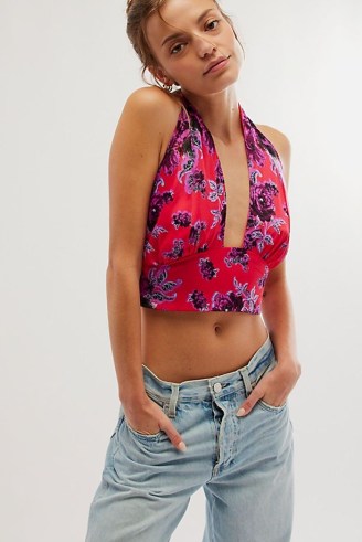 Free People Summer In Sicily Top in Strawberry Combo / cropped deep plunge halterneck / halter neck tops with double tie back details