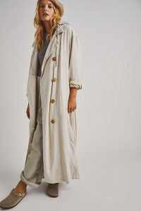 Free People Charlie Trench Coat in Morning Oat | women’s drapey relaxed fit maxi coats | womens slouchy hooded outerwear