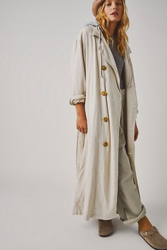Free People Charlie Trench Coat in Morning Oat | women’s drapey relaxed fit maxi coats | womens slouchy hooded outerwear - flipped