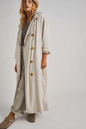 Free People Charlie Trench Coat in Morning Oat | women’s drapey relaxed fit maxi coats | womens slouchy hooded outerwear