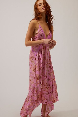 Intimately There She Goes Printed Maxi Slip in Pink Combo ~ strappy asymmetric hem dress ~ sleeveless deep plunge front dresses ~ floaty floral cami strap fashion ~ handkerchief hemline clothing - flipped