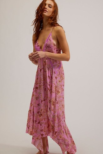 Intimately There She Goes Printed Maxi Slip in Pink Combo ~ strappy asymmetric hem dress ~ sleeveless deep plunge front dresses ~ floaty floral cami strap fashion ~ handkerchief hemline clothing