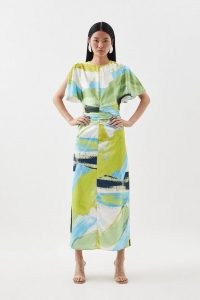 KAREN MILLEN Abstract Colour Block Draped Satin Angel Sleeve Midi Dress ~ chic contemporary evening dresses with split flutter sleeves ~ stylish colourblock print occasion clothes