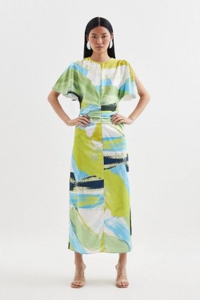 KAREN MILLEN Abstract Colour Block Draped Satin Angel Sleeve Midi Dress ~ chic contemporary evening dresses with split flutter sleeves ~ stylish colourblock print occasion clothes - flipped