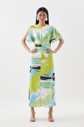 KAREN MILLEN Abstract Colour Block Draped Satin Angel Sleeve Midi Dress ~ chic contemporary evening dresses with split flutter sleeves ~ stylish colourblock print occasion clothes