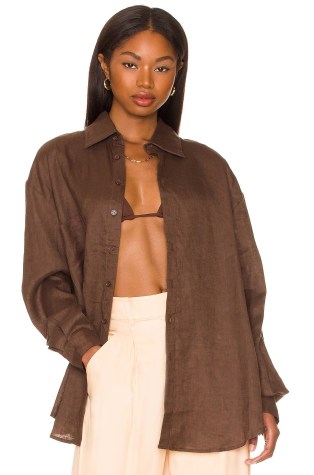 AEXAE Linen Woven Shirt in brown ~ oversized dip hem shirts - flipped
