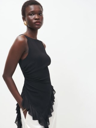 Reformation Alexandra Top in Black ~ fitted sleeveless tops with a ruffled asymmetric hemline - flipped