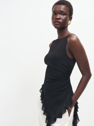 Reformation Alexandra Top in Black ~ fitted sleeveless tops with a ruffled asymmetric hemline