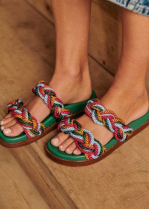 Sezane ANDIE LOW MULES in MULTICOLOUR – green double woven strap footbed sandals - flipped