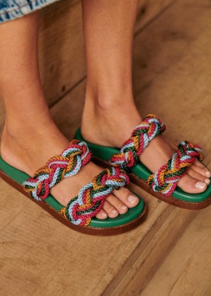 Sezane ANDIE LOW MULES in MULTICOLOUR – green double woven strap footbed sandals