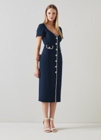 L.K. Bennett Angie Navy Italian Tweed Dress – dark blue short sleeve pencil dresses – women’s luxury clothing – chic Italian textured boucle clothes – embellished button details – sweetheart neckline
