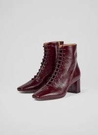 L.K. BENNETT Arabella Bordeaux Crinkle Patent Lace Up Ankle Boots ~ rich autumn red boot with a square toe and block heel ~ women’s winter footwear