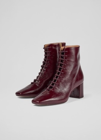 L.K. BENNETT Arabella Bordeaux Crinkle Patent Lace Up Ankle Boots ~ rich autumn red boot with a square toe and block heel ~ women’s winter footwear