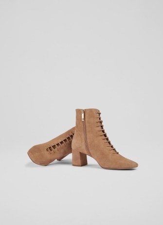 L.K. BENNETT Arabella Tan Suede Lace Up Ankle Boots ~ light brown block heel boot ~ women’s luxury autumn footwear - flipped
