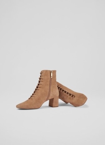 L.K. BENNETT Arabella Tan Suede Lace Up Ankle Boots ~ light brown block heel boot ~ women’s luxury autumn footwear