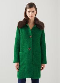 L.K. BENNETT Aster Green Italian Bouclé Coat With Faux Fur Collar ~ women’s textured fluffy collared winter coats ~ luxury vintage style outerwear
