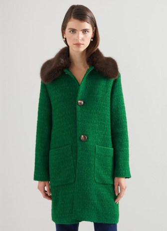 L.K. BENNETT Aster Green Italian Bouclé Coat With Faux Fur Collar ~ women’s textured fluffy collared winter coats ~ luxury vintage style outerwear - flipped