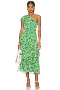 ASTR the Label Victoriana Dress Bright Green Floral / floaty layered one shoulder midi dresses / asymmetric party fashion / feminine summer event clothing