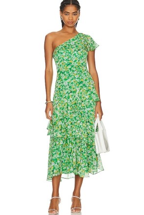 ASTR the Label Victoriana Dress Bright Green Floral / floaty layered one shoulder midi dresses / asymmetric party fashion / feminine summer event clothing - flipped