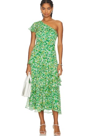 ASTR the Label Victoriana Dress Bright Green Floral / floaty layered one shoulder midi dresses / asymmetric party fashion / feminine summer event clothing