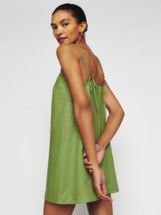Aubree Linen Dress in Avocado – green strappy tie detail relaxed fit mini dresses - flipped
