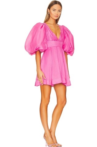 Aureta Serendipity Mini Dress Hot Pink ~ balloon sleeve plunge front party dresses ~ romantic evening occasion fashion ~ voluminous event clothing - flipped