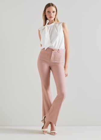 L.K. BENNETT Avery Pink Italian Linen-Cotton Trousers – luxury vintage style flares – women’s chic 70s style flared trouser - flipped