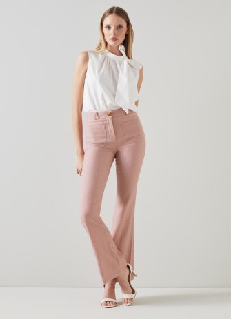 L.K. BENNETT Avery Pink Italian Linen-Cotton Trousers – luxury vintage style flares – women’s chic 70s style flared trouser