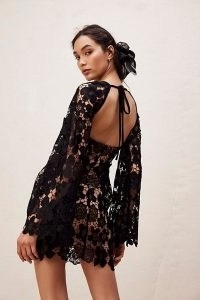 Free People Remi Mini Dress in Black / semi sheer floral wide sleeve dresses / open back with tie detail