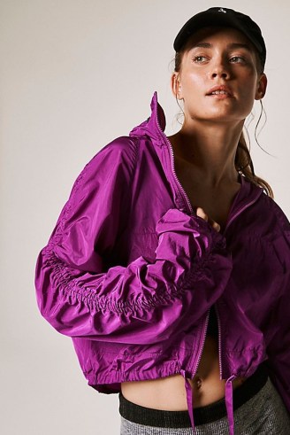 FP Movement Way Home Packable Jacket in Vivid Violet ~ cropped purple ruched sleeve water resistant jackets ~ stylish pac a mac - flipped