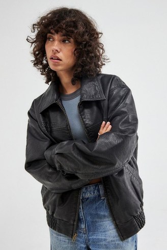 BDG Billy Faux Leather Bomber Jacket in Black ~ women’s relaxed fit zip closure jackets - flipped