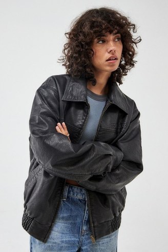 BDG Billy Faux Leather Bomber Jacket in Black ~ women’s relaxed fit zip closure jackets