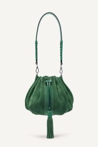 ba&sh dahlia bag in green | bohemian shoulder bags | tasseled handbags | top drawstring closure | leather boho handbag