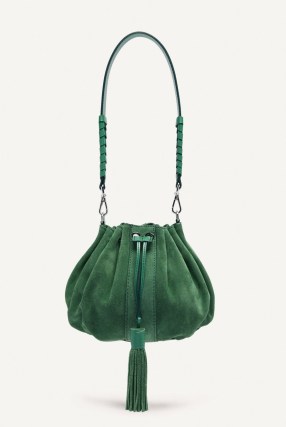 ba&sh dahlia bag in green | bohemian shoulder bags | tasseled handbags | top drawstring closure | leather boho handbag - flipped