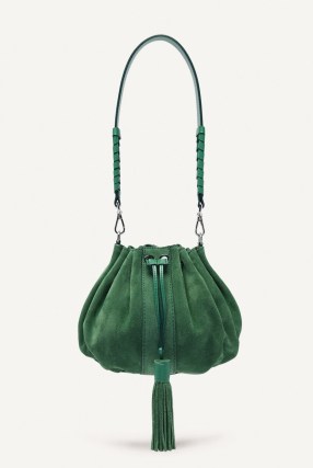 ba&sh dahlia bag in green | bohemian shoulder bags | tasseled handbags | top drawstring closure | leather boho handbag