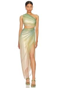 Baobab Aurora Dress in Oleaje ~ green ombre and gold thread one shoulder dresses ~ evening event glamour ~ luxe asymmetric occasion fashion ~ thigh high slit gown