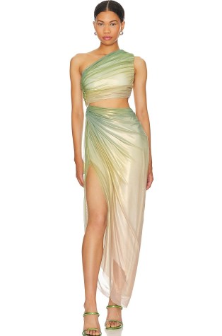 Baobab Aurora Dress in Oleaje ~ green ombre and gold thread one shoulder dresses ~ evening event glamour ~ luxe asymmetric occasion fashion ~ thigh high slit gown - flipped
