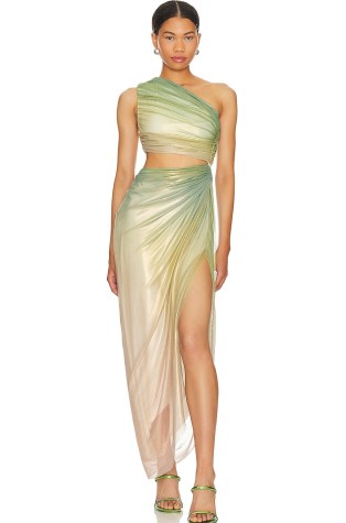 Baobab Aurora Dress in Oleaje ~ green ombre and gold thread one shoulder dresses ~ evening event glamour ~ luxe asymmetric occasion fashion ~ thigh high slit gown