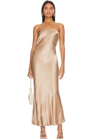 BEC&BRIDGE Moon Dance Strapless Dress in Golden ~ textured satin bandeau evening dresses ~ draped back cut out detail ~ fluid fabric occasion clothes - flipped