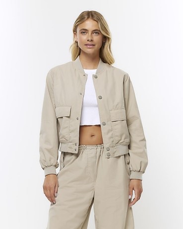 RIVER ISLAND BEIGE BOMBER JACKET | women’s utility style jackets - flipped