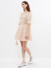 SIMONE ROCHA Beige crystal-embellished tulle mini dress ~ balloon sleeve ballet style dresses ~ romantic semi sheer fashion ~ luxe occasion clothes