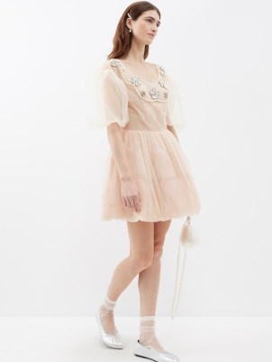 SIMONE ROCHA Beige crystal-embellished tulle mini dress ~ balloon sleeve ballet style dresses ~ romantic semi sheer fashion ~ luxe occasion clothes - flipped