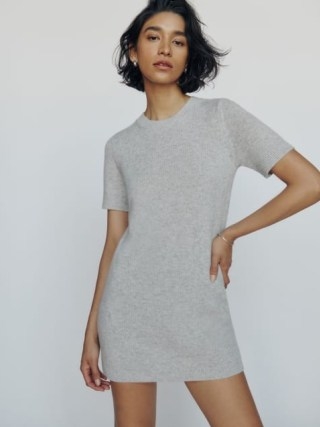 Reformation Bell Cashmere Mini Dress in Foggy – grey short length sweater dresses – luxe knits – luxury knitted fashion – minimalist knitwear - flipped