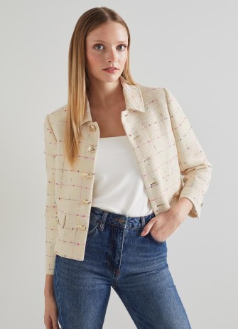 L.K. BENNETT Bellmer Cream Italian Tweed Jacket – chic collared jackets – women’s classic textured outerwear - flipped