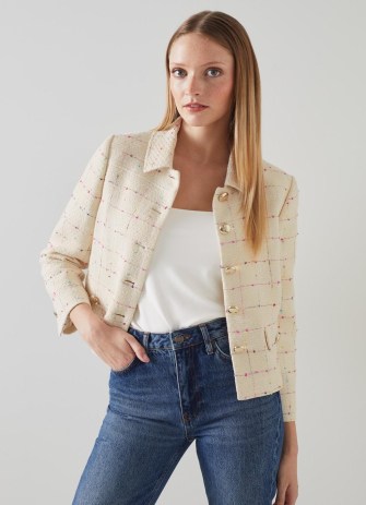 L.K. BENNETT Bellmer Cream Italian Tweed Jacket – chic collared jackets – women’s classic textured outerwear