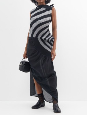 ISSEY MIYAKE Asymmetric striped cotton-blend jersey dress in black and grey ~ semi sheer ruched dresses ~ women’s contemporary fashion ~ asymmetrical clothing - flipped