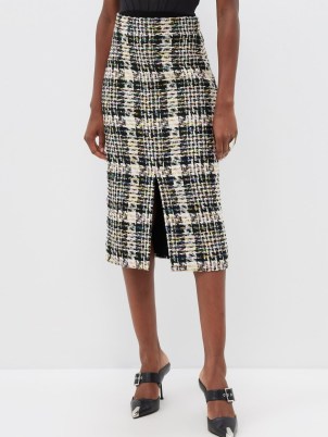 ALEXANDER MCQUEEN Bouclé tweed slit-hem pencil skirt in black and white ~ textured checked skirts - flipped