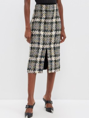 ALEXANDER MCQUEEN Bouclé tweed slit-hem pencil skirt in black and white ~ textured checked skirts