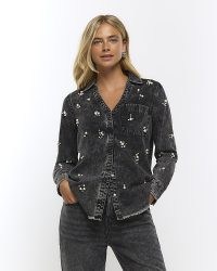 RIVER ISLAND BLACK DENIM PEARL EMBELLISHMENT SHIRT | women’s casual shirts with pearls
