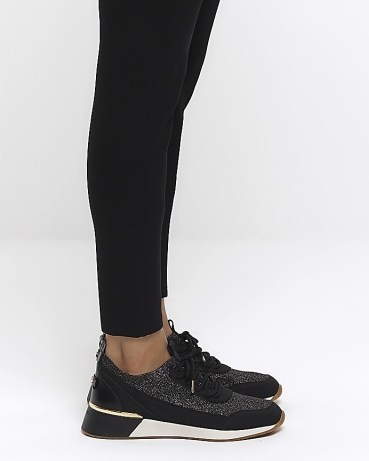 RIVER ISLAND BLACK GLITTER DETAIL TRAINERS ~ women’s sparkly trainer - flipped